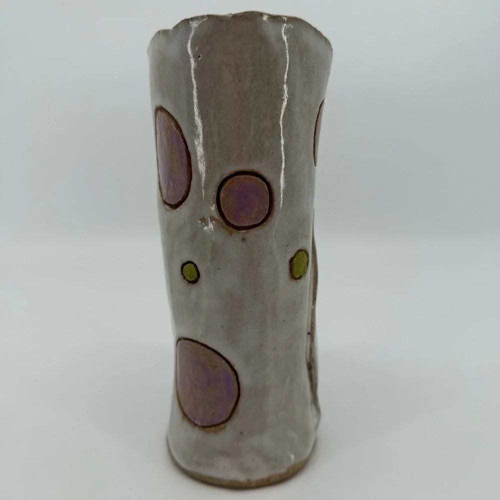 Vtg Studio Pottery Vase Signed Dated Purple Green Polka Dot Handmade Ceramic